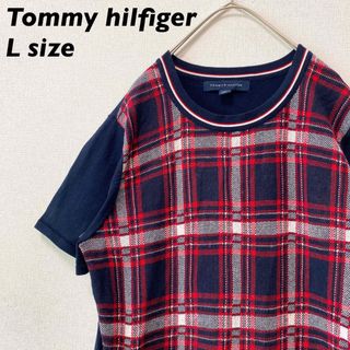 トミーヒルフィガー(TOMMY HILFIGER)のトミーヒルフィガー　ニット　セーター　半袖　チェック　ワンポイントロゴ　Lサイズ(ニット/セーター)