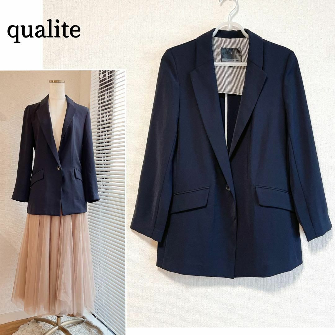 qualite(カリテ)の薄手とろみ素材♪ ストレッチ　テーラードジャケット　シングル　M ネイビー レディースのジャケット/アウター(テーラードジャケット)の商品写真