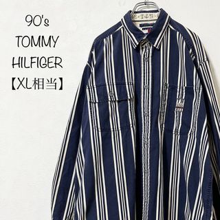 トミーヒルフィガー(TOMMY HILFIGER)の90s★トミーヒルフィガー★オールド★長袖ストライプシャツ★ネイビー/紺白★XL(シャツ)