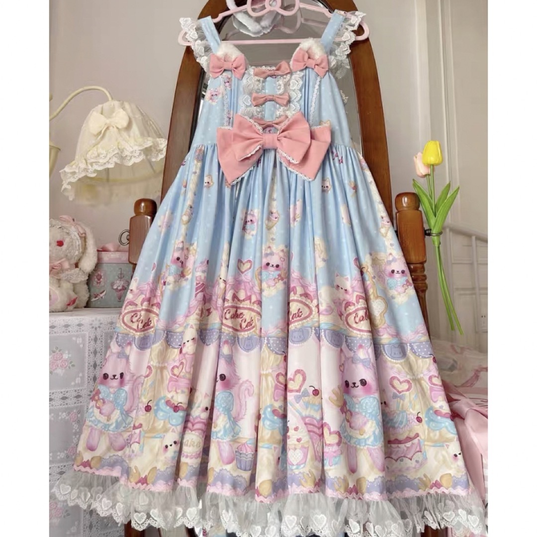 lolita 洋服 ロリータ ネコのパティシエ　ジャンパースカート　リボン　水色 | フリマアプリ ラクマ