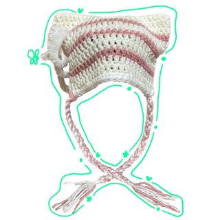 猫耳ニット帽 白×ピンク(リボン付き)(帽子)