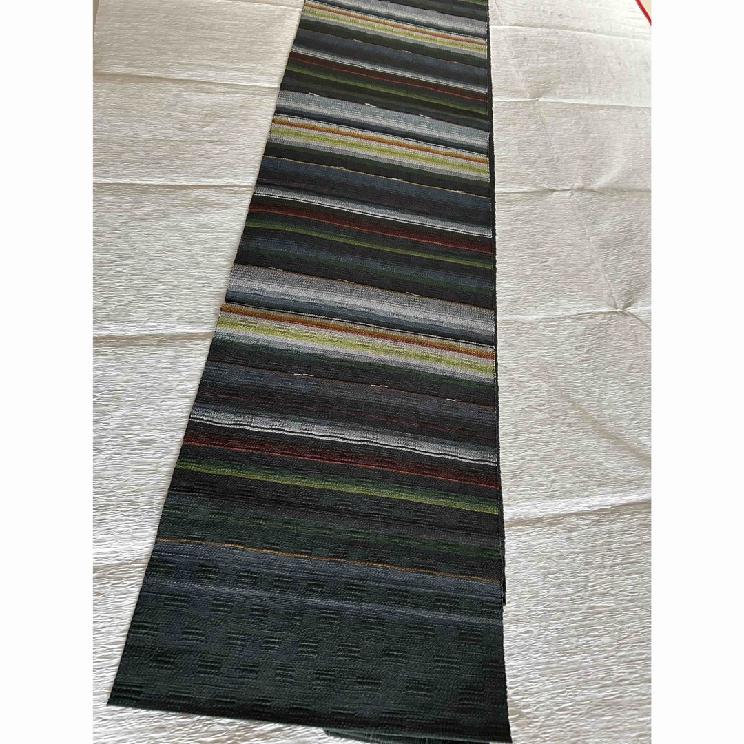 琉球 ロートン織 正絹 八寸名古屋帯 絣入り 横縞 濃く深いグリーン系 美品