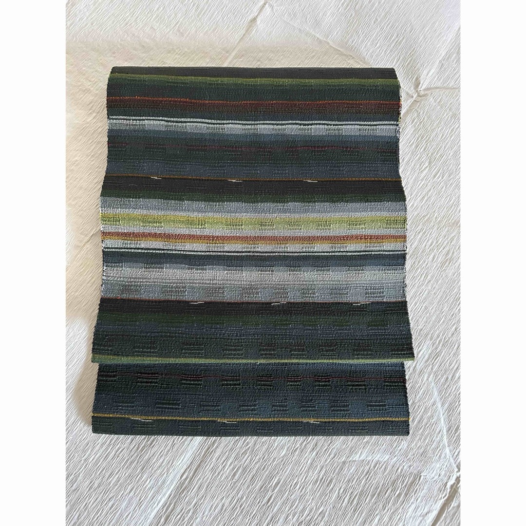 琉球 ロートン織 正絹 八寸名古屋帯 絣入り 横縞 濃く深いグリーン系 美品