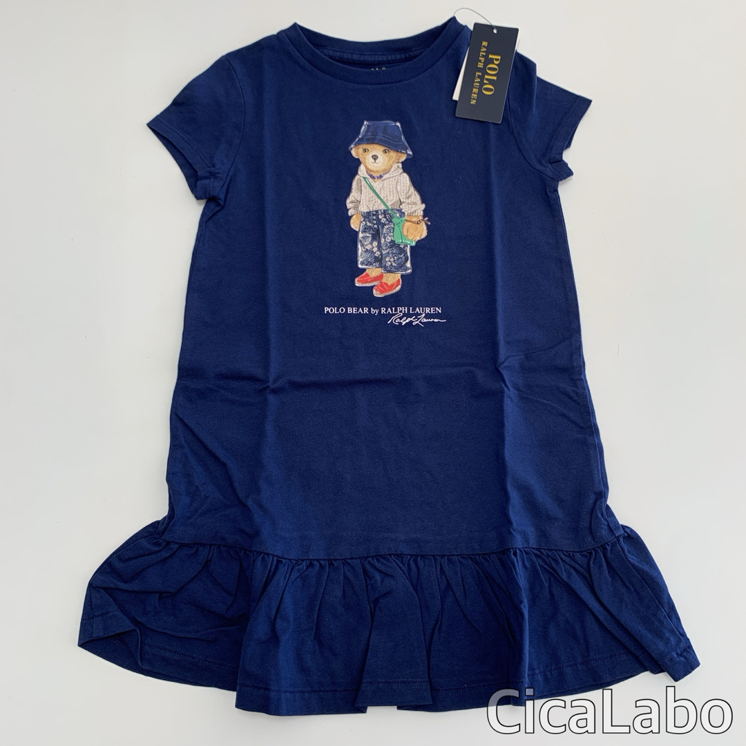 Ralph Lauren(ラルフローレン)の【新品】ラルフローレン ポロベア ミサンガ Tシャツ ワンピース ネイビー 4 キッズ/ベビー/マタニティのキッズ服女の子用(90cm~)(ワンピース)の商品写真