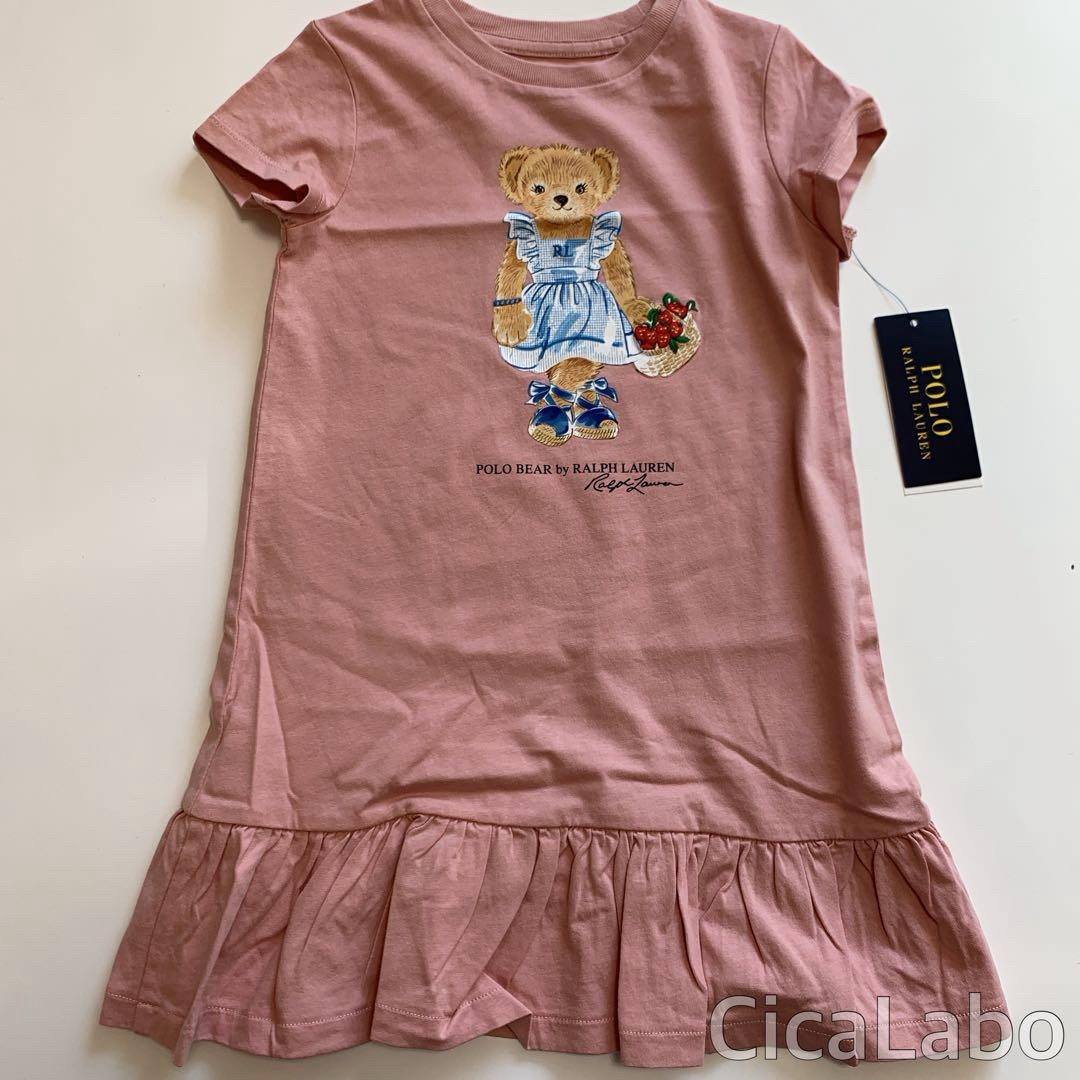 Ralph Lauren(ラルフローレン)の【新品】ラルフローレン ポロベア エプロン Tシャツ ワンピース ピンク 5 キッズ/ベビー/マタニティのキッズ服女の子用(90cm~)(ワンピース)の商品写真