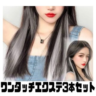 ヘアエクステワンタッチ付け毛ウィッグメッシュグレーシルバー灰色3本セット(ロングストレート)