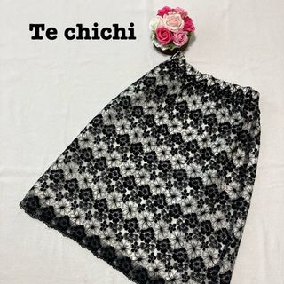 テチチ(Techichi)のテチチ 花柄レース　ひざ丈スカート　フリーサイズ　黒　白　ウエストゴムレディース(ひざ丈スカート)