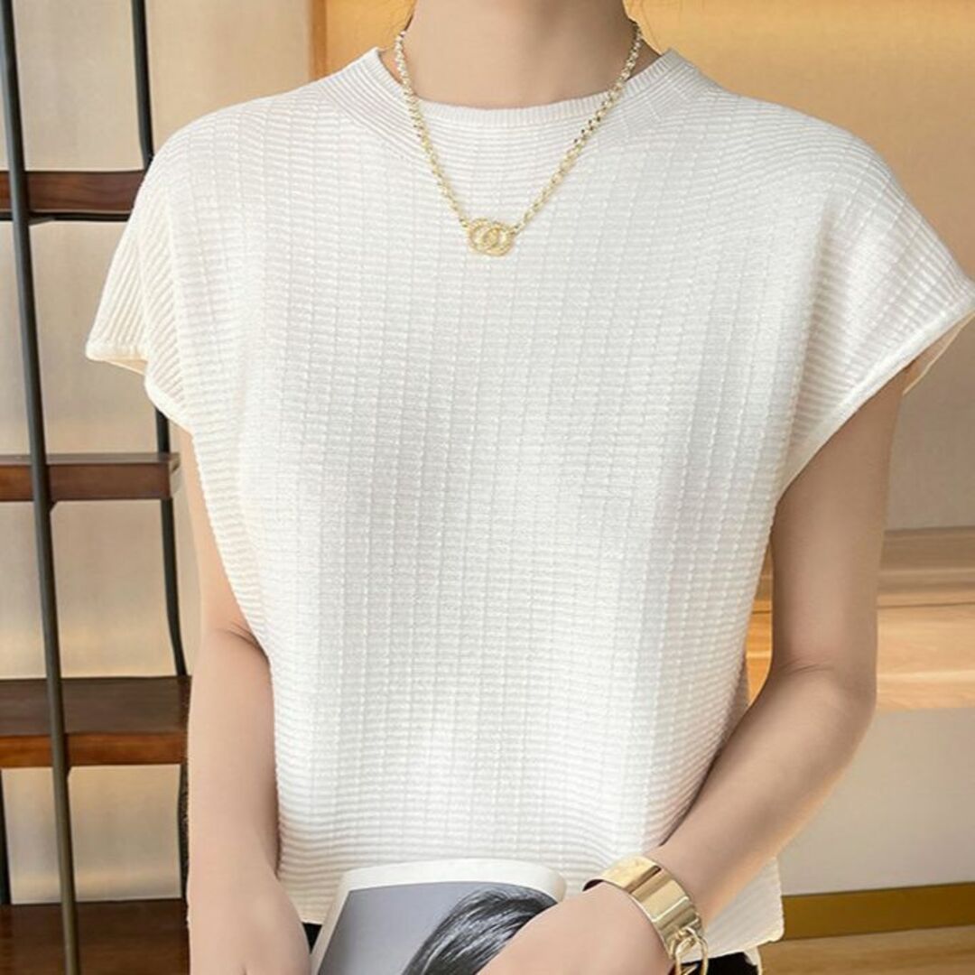 無地 半袖 ニット生地 Tシャツ トップス 韓国 モード キレイめ　ホワイト レディースのトップス(Tシャツ(半袖/袖なし))の商品写真
