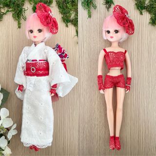 リカチャン(リカちゃん)のリカちゃん　着物下着セット☆レッドホワイト　ハンドメイド(人形)