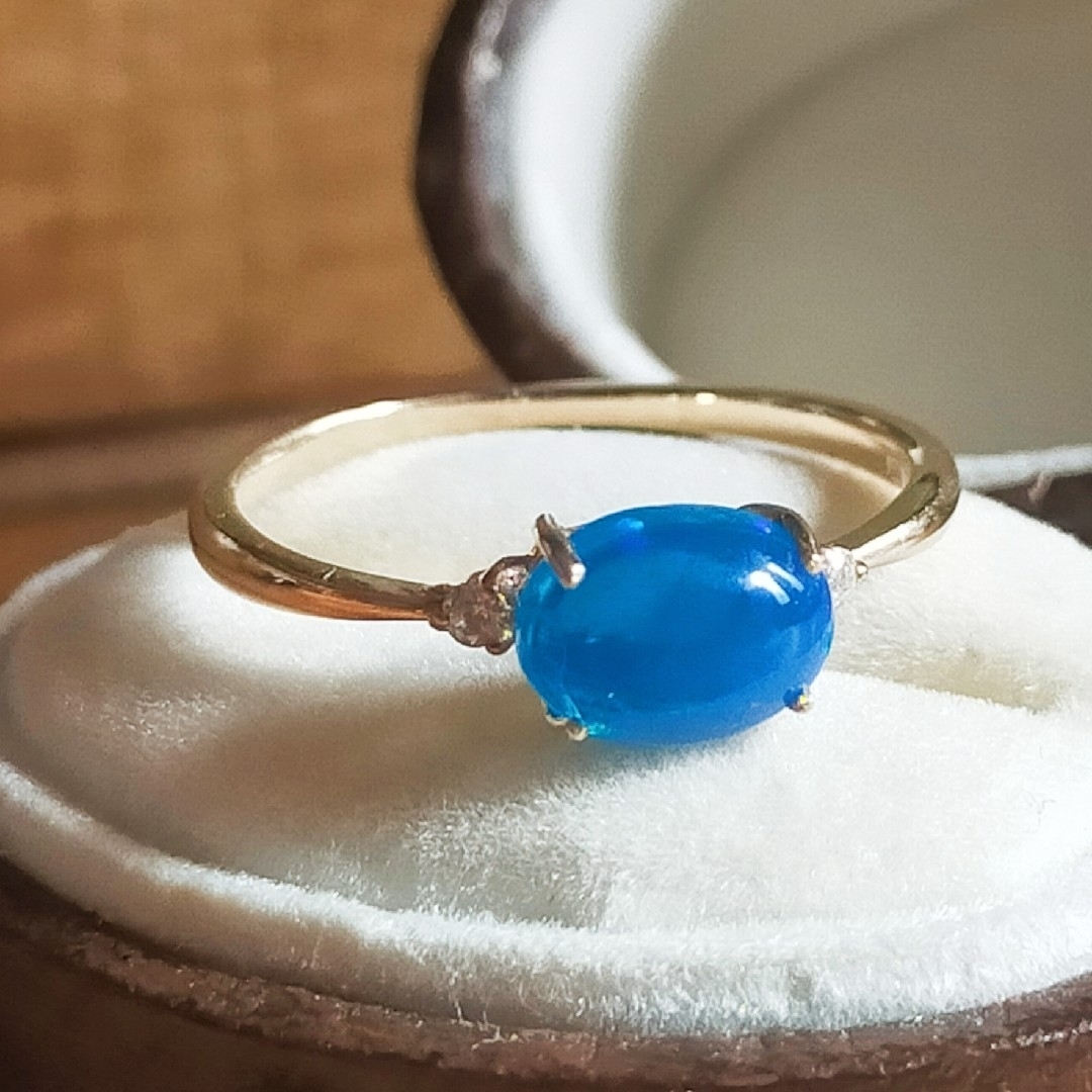 K10YG ブルーオパール ダイヤモンドリング レディースのアクセサリー(リング(指輪))の商品写真