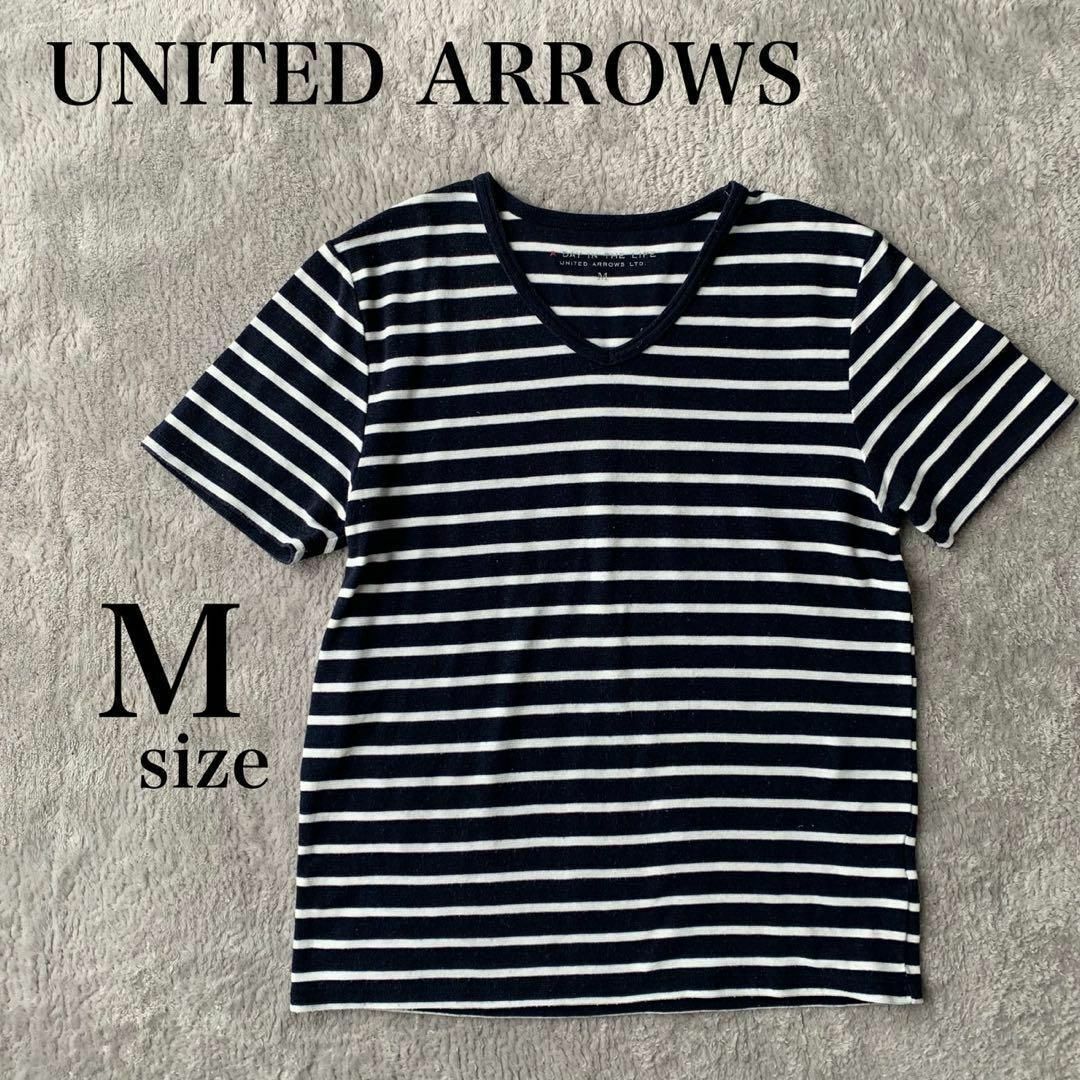 UNITED ARROWS(ユナイテッドアローズ)のUNITED ARROWS Tシャツ　Vネック ボーダー　ネイビー　カジュアル レディースのトップス(Tシャツ(半袖/袖なし))の商品写真
