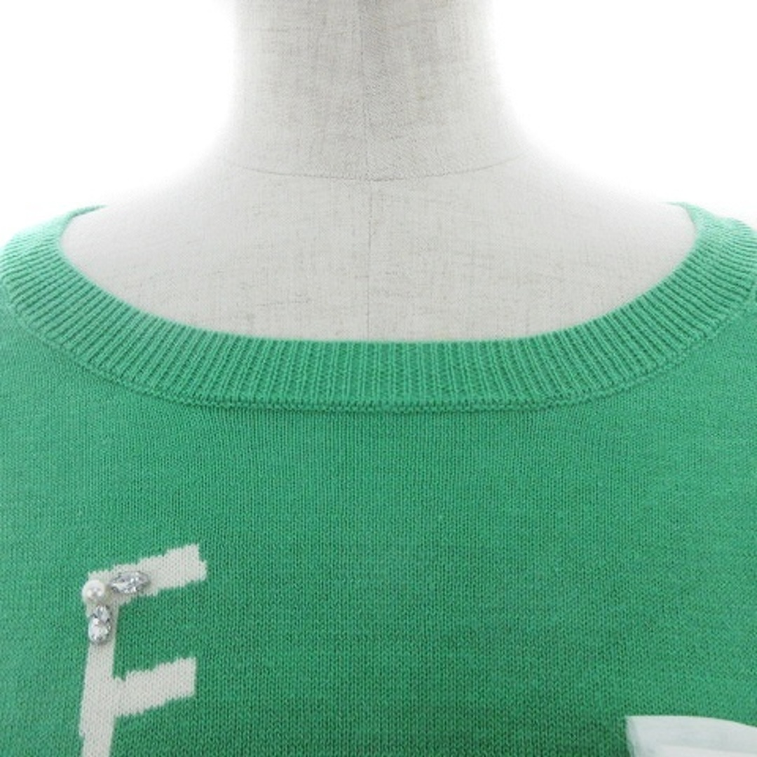 QUEENS COURT(クイーンズコート)のクイーンズコート ニット カットソー 長袖 ビジュー リボン 薄手 総柄 5 緑 レディースのトップス(ニット/セーター)の商品写真