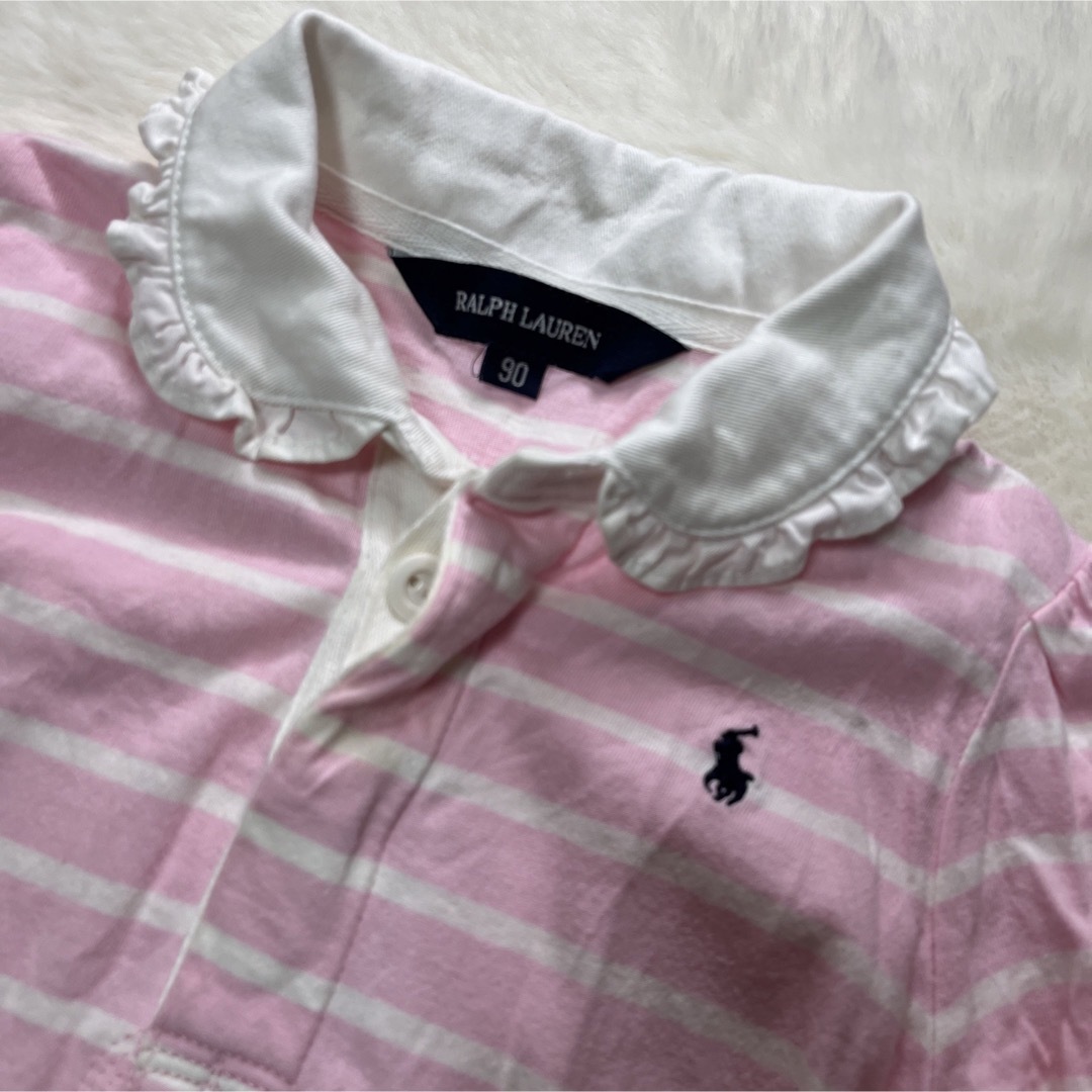 Ralph Lauren(ラルフローレン)のラルフローレン　ボーダー　シャツ長袖ワンピース　段フリル　ピンク　女の子 キッズ/ベビー/マタニティのキッズ服女の子用(90cm~)(ワンピース)の商品写真