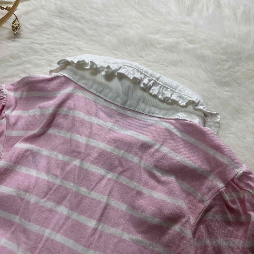 Ralph Lauren(ラルフローレン)のラルフローレン　ボーダー　シャツ長袖ワンピース　段フリル　ピンク　女の子 キッズ/ベビー/マタニティのキッズ服女の子用(90cm~)(ワンピース)の商品写真