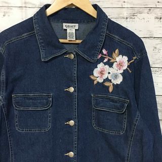 【希少】ヴィンテージ 輸入古着 レディース デニムジャケット L 青 花柄 刺繍