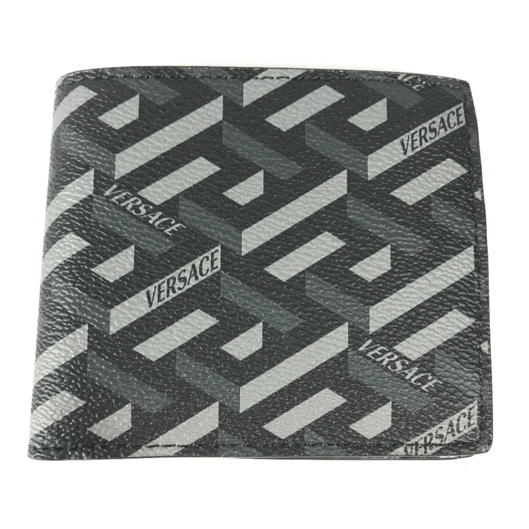 VERSACE(ヴェルサーチ)のヴェルサーチ VERSACE ロゴ コンパクトウォレット 2つ折り財布 レザー ブラック 美品 メンズのファッション小物(折り財布)の商品写真