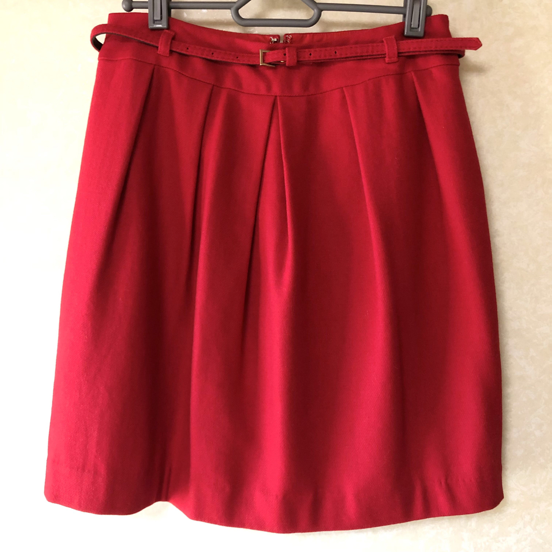 LINK IT ALL(リンクイットオール)の【40】LINK IT ALL スカート 赤 ベルト付 ウール クリーニング済 レディースのスカート(その他)の商品写真