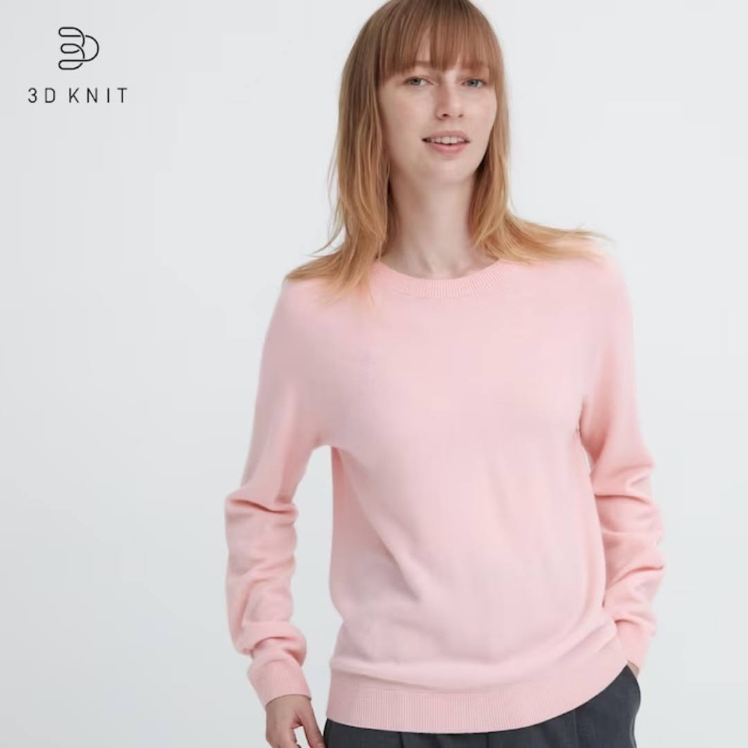 UNIQLO - ぽ☆ユニクロ　UNIQLO 3Dカシミヤクルーネックセーター M ピンク