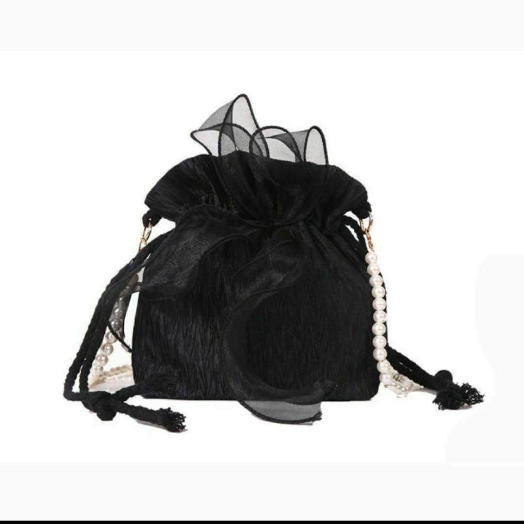 パール チェーン付き ブラック 巾着 ショルダーバッグ パーティーバック 結婚式 レディースのバッグ(ショルダーバッグ)の商品写真