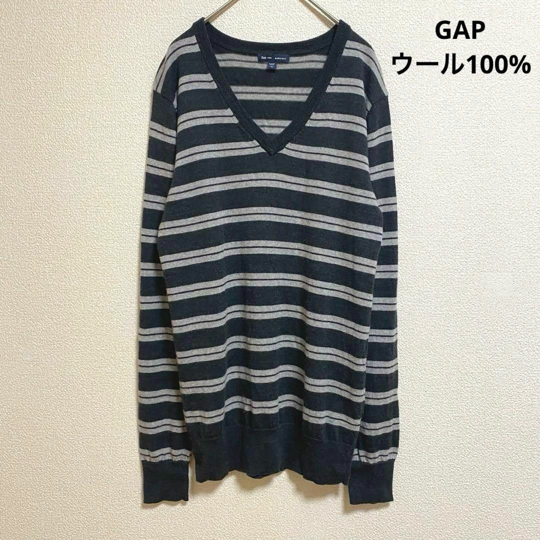 GAP(ギャップ)のst428 GAP 薄手ボーダーニット V字カット ウール100% グレー レディースのトップス(ニット/セーター)の商品写真