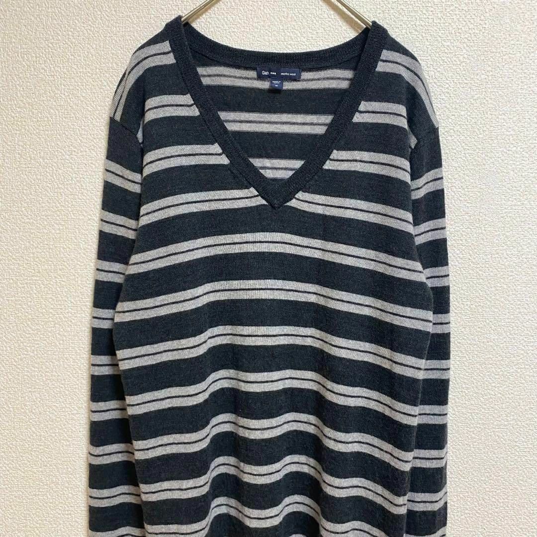 GAP(ギャップ)のst428 GAP 薄手ボーダーニット V字カット ウール100% グレー レディースのトップス(ニット/セーター)の商品写真