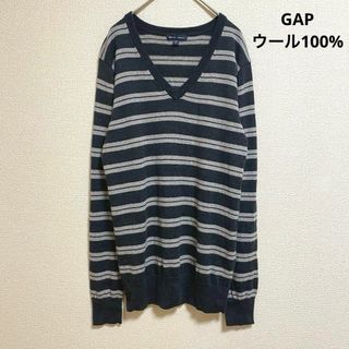 ギャップ(GAP)のst428 GAP 薄手ボーダーニット V字カット ウール100% グレー(ニット/セーター)