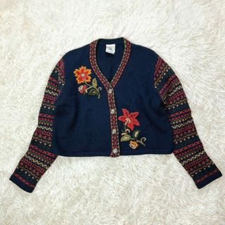 ローラアシュレイ(LAURA ASHLEY)のlaura ashley ローラアシュレイ ガーデン 刺繍 花柄 ネイビー M(カーディガン)