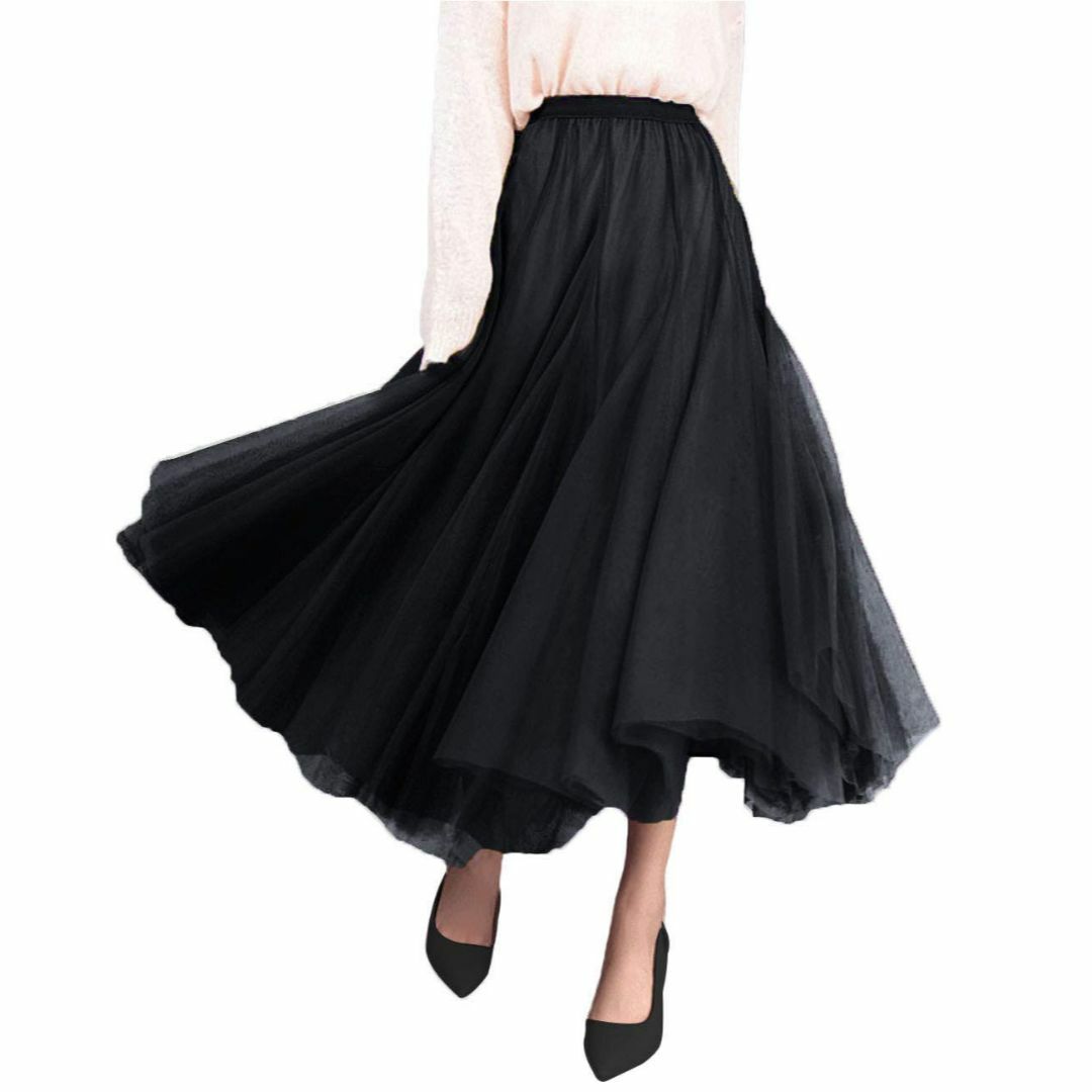 【色: ブラック】Sueeya スカート レディース ロング プリーツ スカート レディースのファッション小物(その他)の商品写真