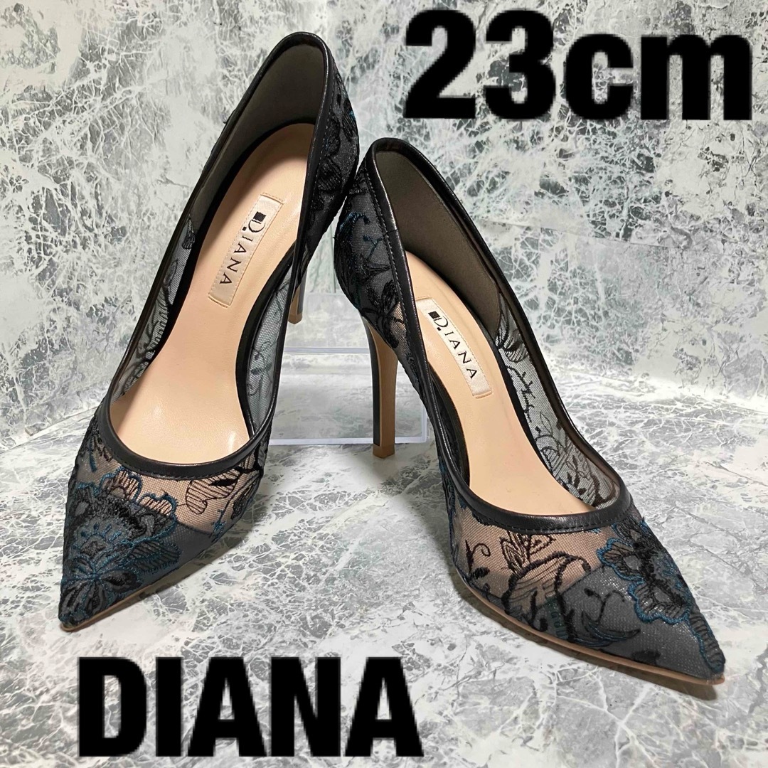 【限定版】DIANA パンプス 23cm 花柄 レース スエード ネイビー