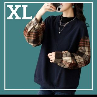 レディース　シャツ　チェック　カットソー　韓国　XL 　ネイビー　切り替え　紺(Tシャツ(長袖/七分))