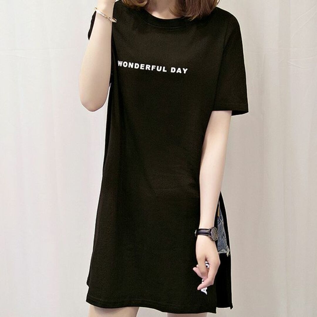 ワンポイントロゴ フェイクTシャツ ワンピース風 ブラック レディースのトップス(Tシャツ(半袖/袖なし))の商品写真