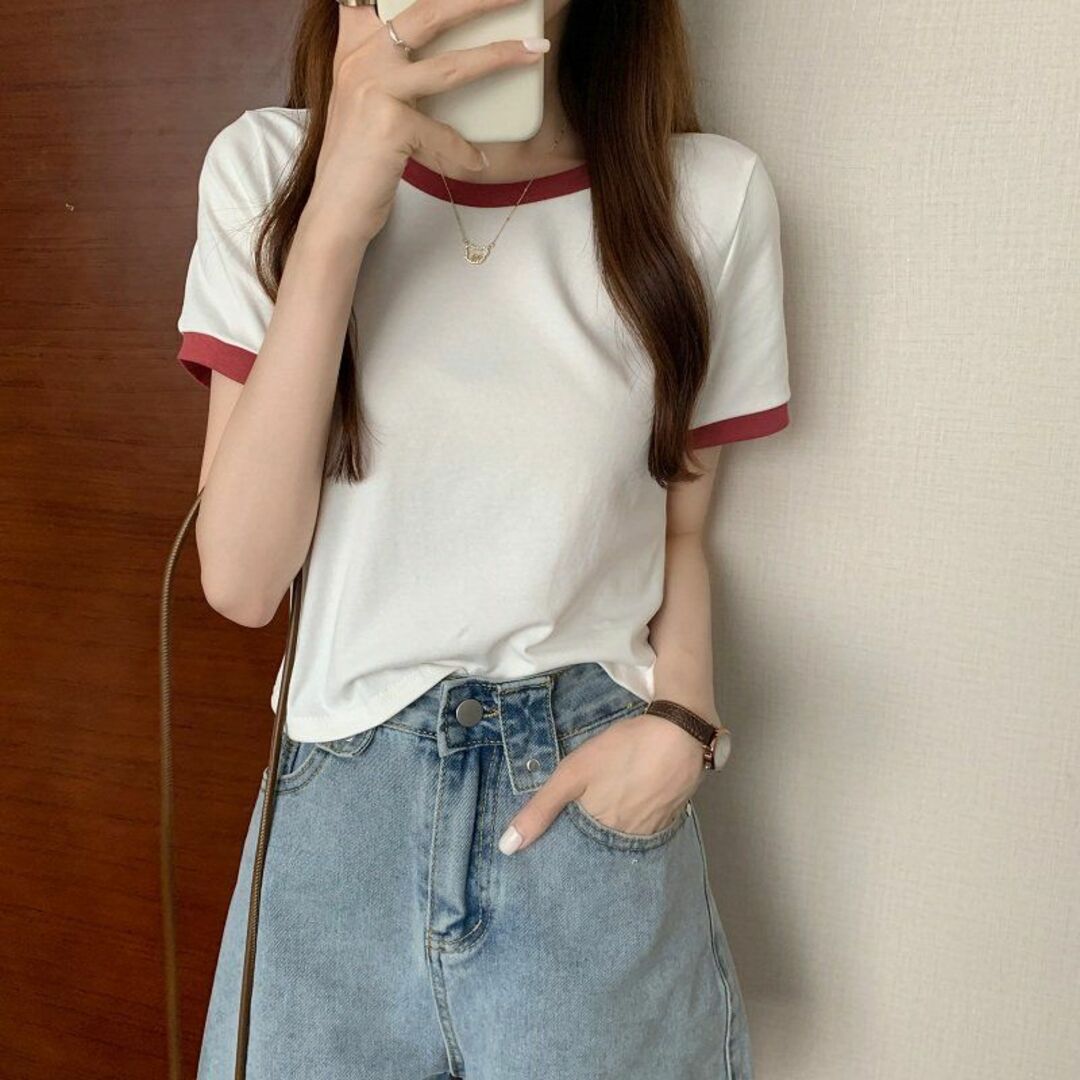 半袖　Tシャツ　リンガーシャツ　ホワイト レディースのトップス(Tシャツ(半袖/袖なし))の商品写真