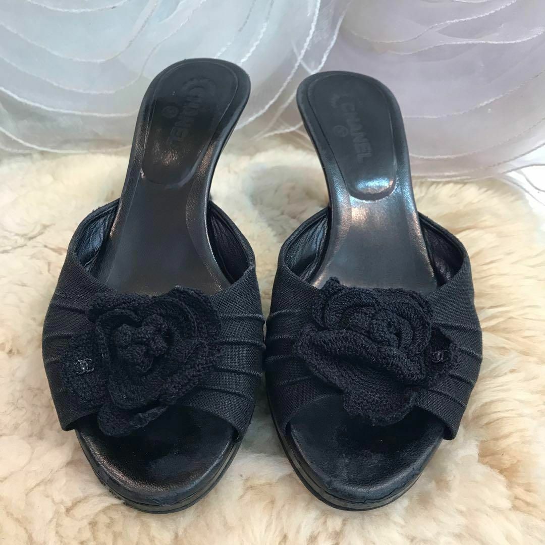 CHANEL サンダル カメリア 黒 ローヒール 約23.5cm ミュール CHANEL サンダル カメリア 黒 ローヒール 約23.5cm ミュール