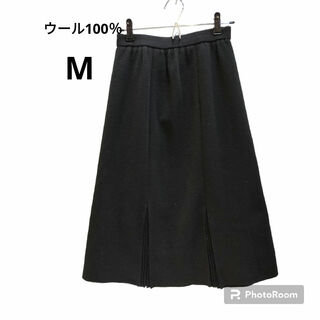 レディース　ひざ丈スカート　Мサイズ　毛ウール100％　ブラック　黒(ひざ丈スカート)