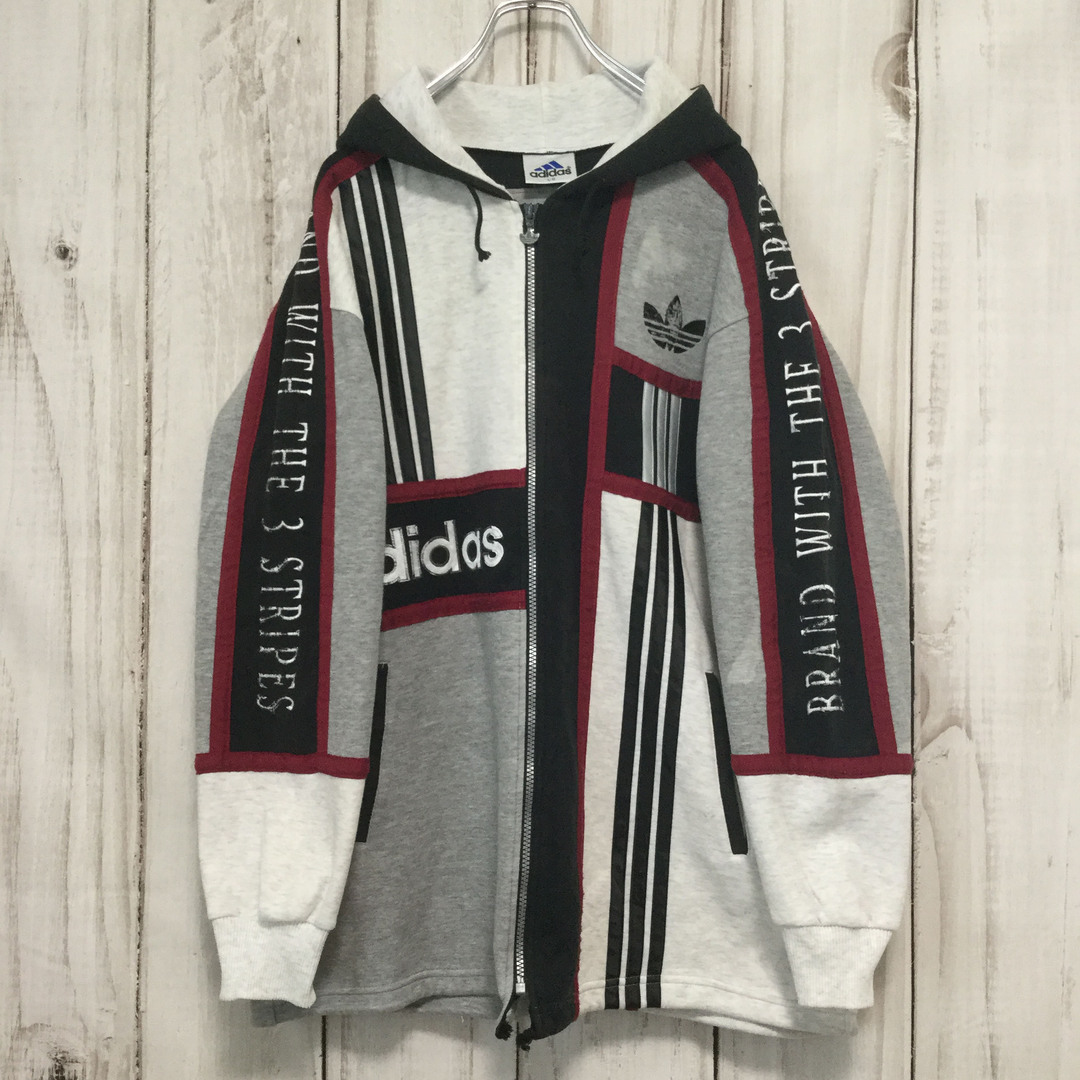 adidas(アディダス)の【アディダス ロゴ刺繍 フルジップパーカー】ビッグロゴ L グレー 古着 メンズのトップス(パーカー)の商品写真