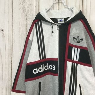 アディダス(adidas)の【アディダス ロゴ刺繍 フルジップパーカー】ビッグロゴ L グレー 古着(パーカー)