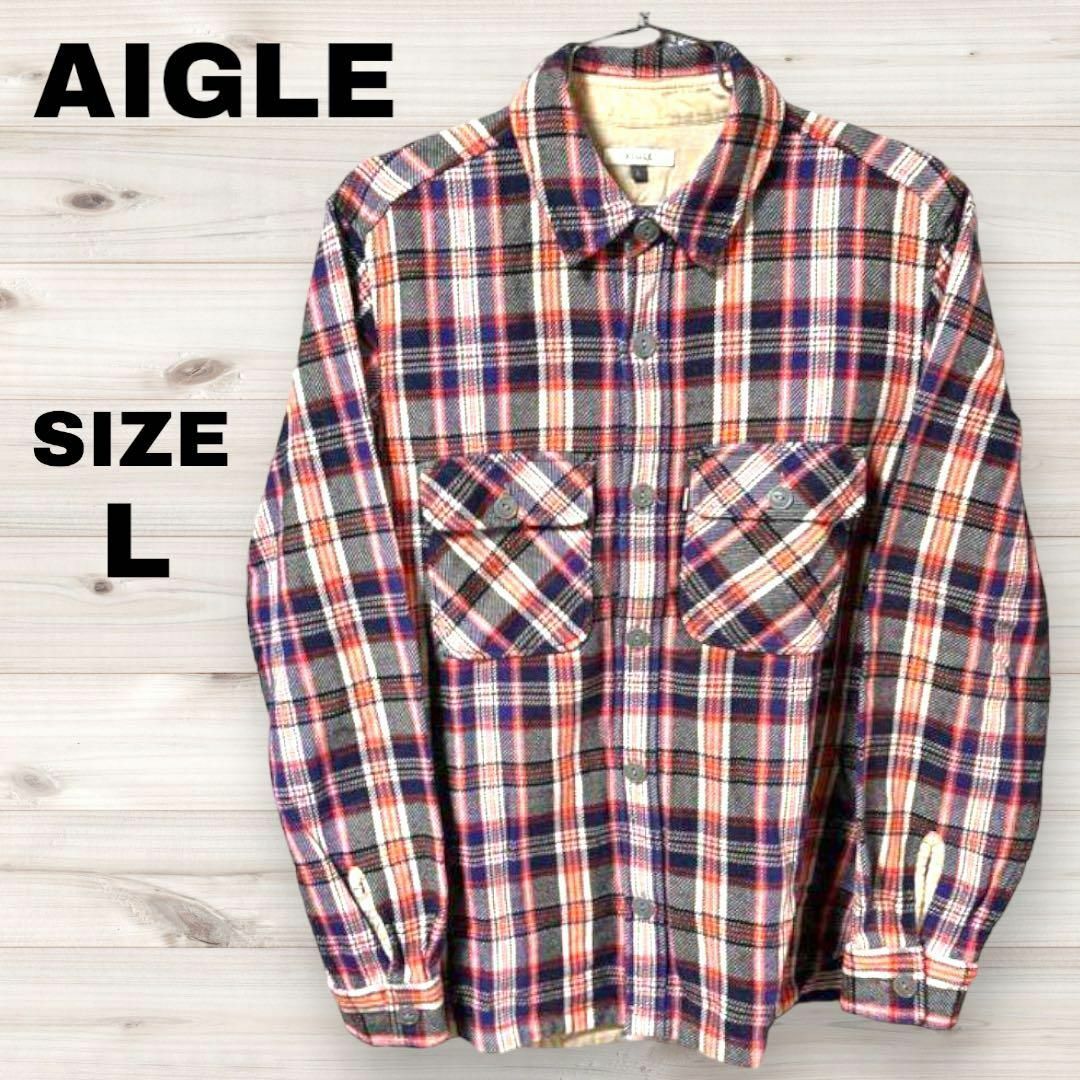 AIGLE(エーグル)のAIGLE エーグル　ネルシャツ　チェック　長袖　Lサイズ　レッド　ネイビー メンズのトップス(シャツ)の商品写真