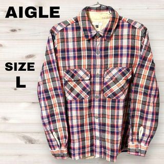 エーグル(AIGLE)のAIGLE エーグル　ネルシャツ　チェック　長袖　Lサイズ　レッド　ネイビー(シャツ)