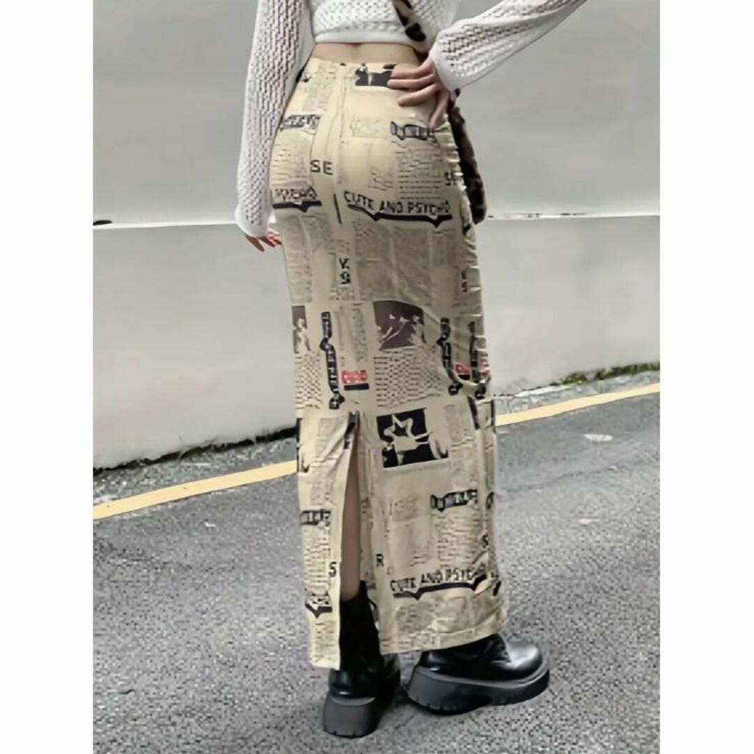 入荷！新聞プリントマキシスカート カジュアルバックスプリット  レディースのスカート(ロングスカート)の商品写真