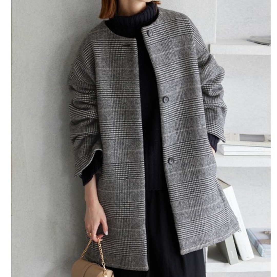 SLOBE IENA(スローブイエナ)の美品 23aw  SLOBE IENA ウールダブルモッサノーカラーショートコー レディースのジャケット/アウター(ロングコート)の商品写真