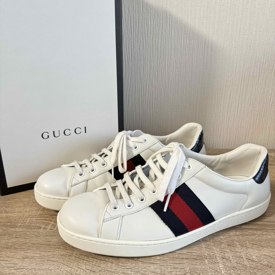 Gucci(グッチ)のUK8 GUCCI メンズ Ace エース ウェビングライン レザー ホワイト メンズの靴/シューズ(スニーカー)の商品写真