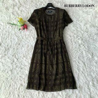 バーバリー(BURBERRY)の【美品】バーバリーロンドン 膝丈 ワンピース シルク100% 迷彩 ブラウン L(ひざ丈ワンピース)