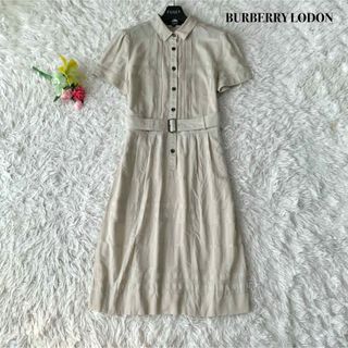 バーバリー(BURBERRY)の【美品】バーバリーロンドン 膝丈 ワンピース リネン混 ベルテッド ベージュ M(ひざ丈ワンピース)