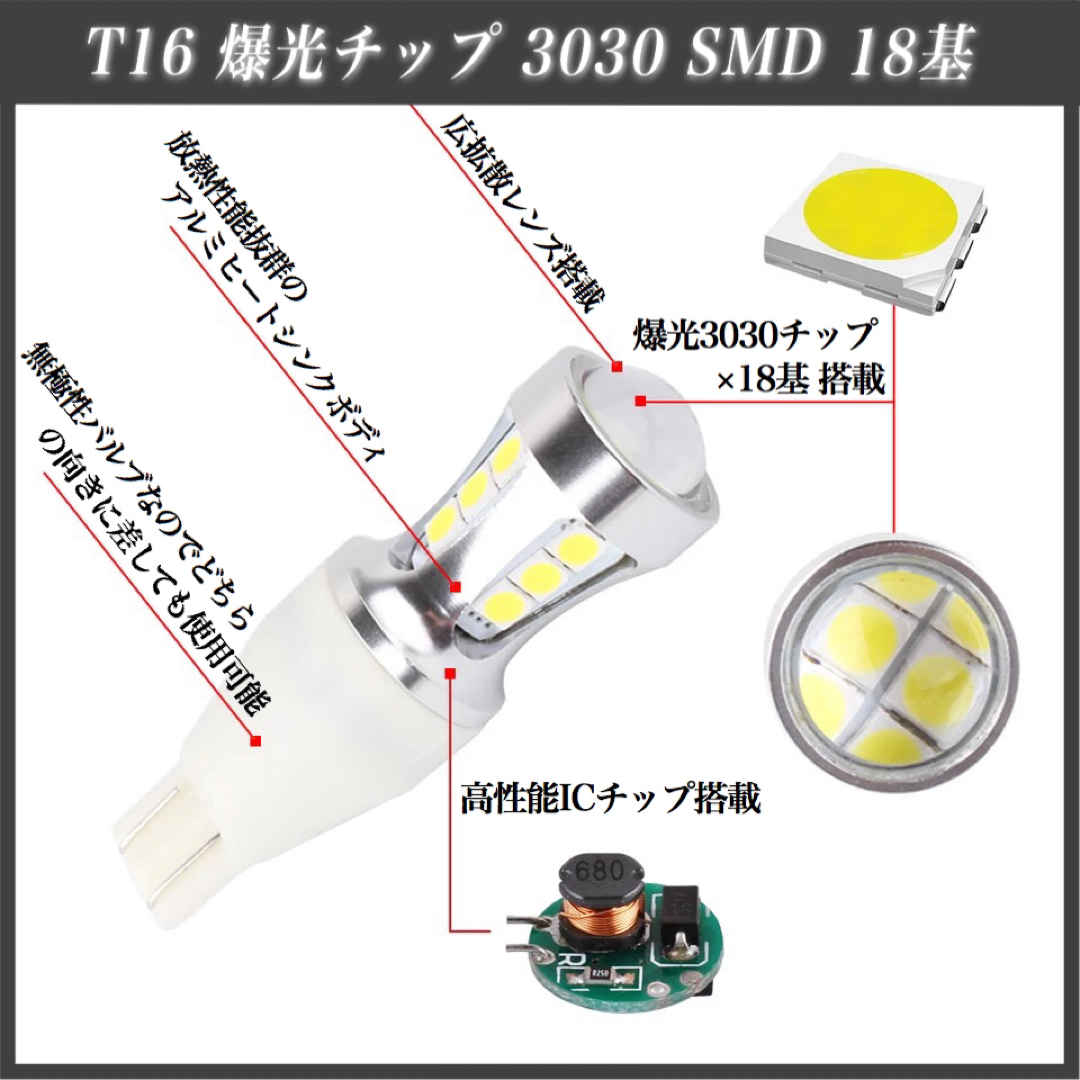 【アウトレット品】爆光 T16 LED バックランプ 2000lm 18発 2個 自動車/バイクの自動車(汎用パーツ)の商品写真