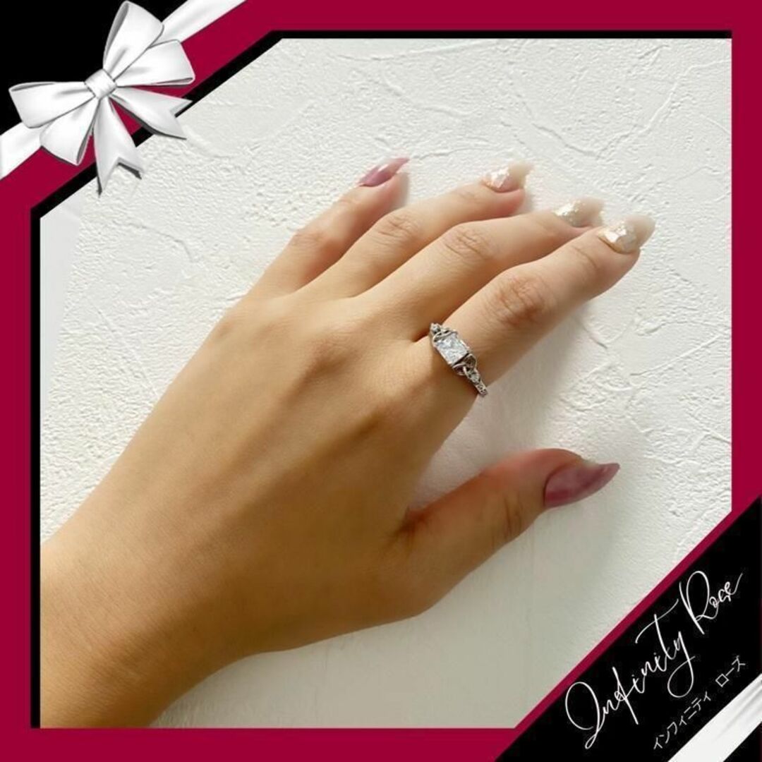（R030S）14号　女性の繊細デザイン真ん中四角クリスタルリング　爪留め仕様 レディースのアクセサリー(リング(指輪))の商品写真