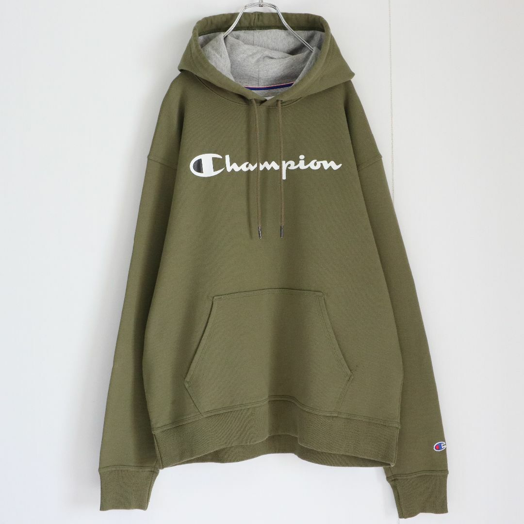 Champion(チャンピオン)の【渋カラー】チャンピオン／パーカー　2XL　USA規格　刺繍ロゴ　緑色　裏起毛 メンズのトップス(パーカー)の商品写真