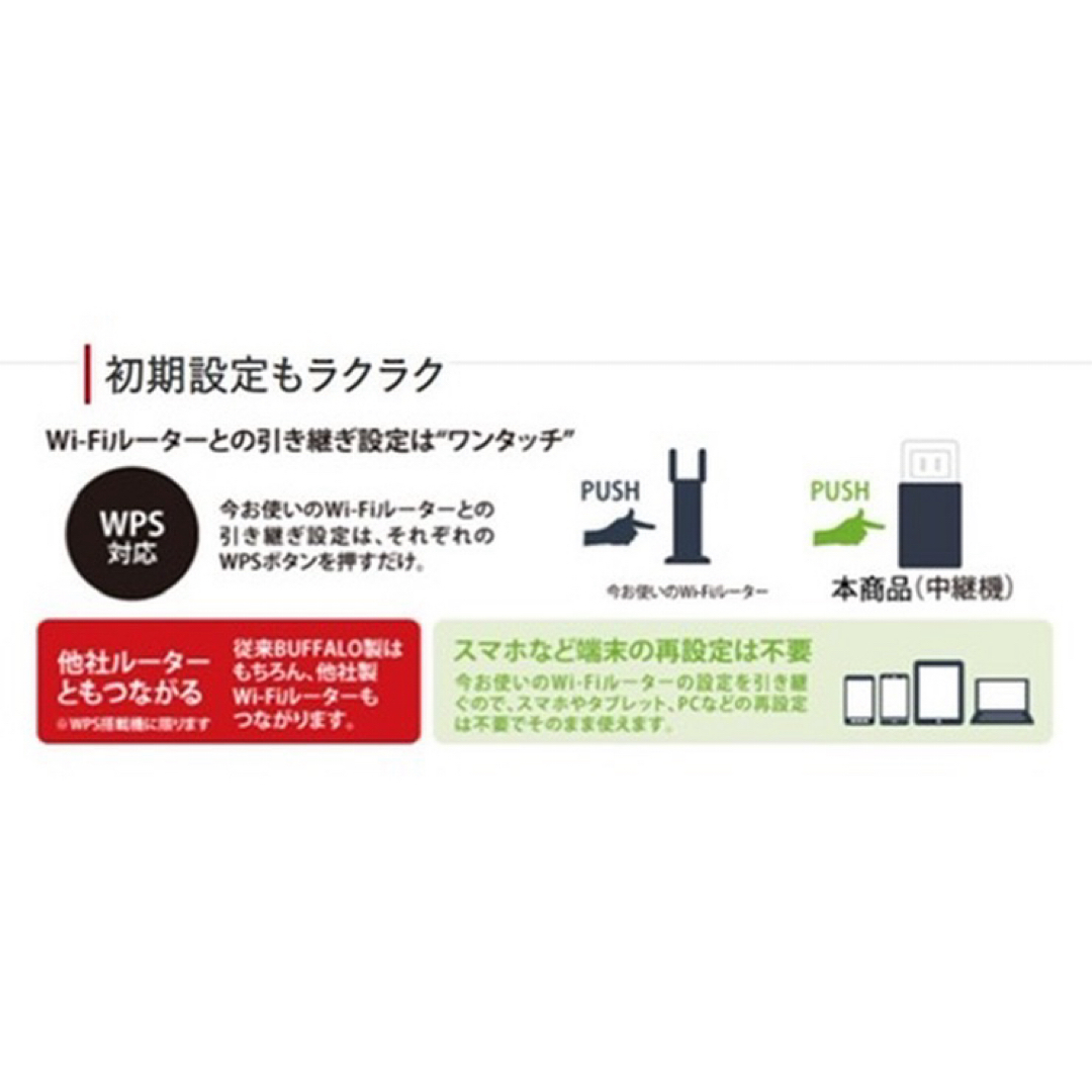 Buffalo(バッファロー)のWi-Fi中継器433+300Mbps★コンセントモデルWEX-733DHP2 スマホ/家電/カメラのPC/タブレット(PC周辺機器)の商品写真