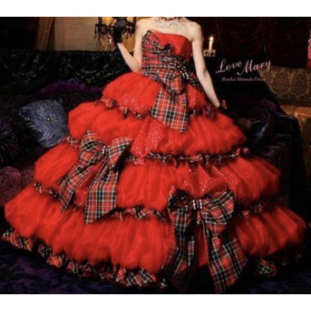 赤タータンチェック　リボン　ウエディングドレス　カラードレス　7-11号 レディースのフォーマル/ドレス(ウェディングドレス)の商品写真