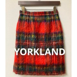 ヨークランド(Yorkland)のYORKLAND チェック タイトスカート モヘア  赤(ひざ丈スカート)