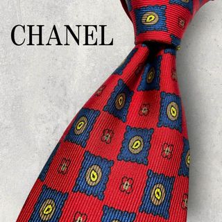 シャネル(CHANEL)の美品 CHANEL シャネル 格子柄 ペイズリー カメリア ネクタイ 赤 紺(ネクタイ)